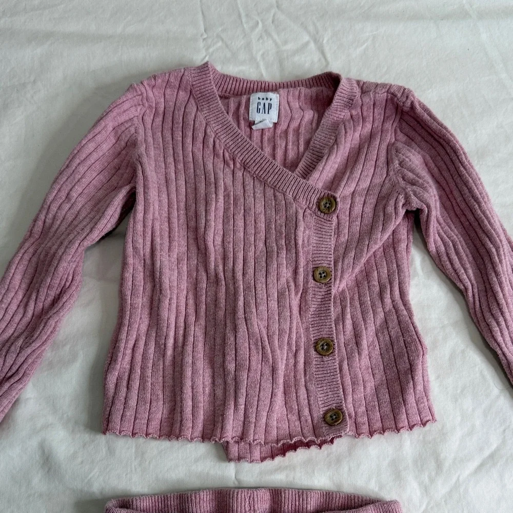 GAP Pink Teddy Coat & Knit Set with Gray Hooded Cardigan